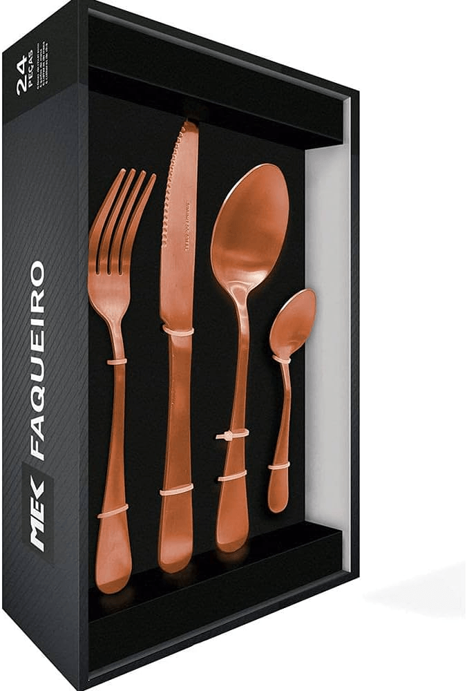 Faqueiro Cobre Rose Gold 24 Pçs Inox - Talheres Garfo Faca Colher